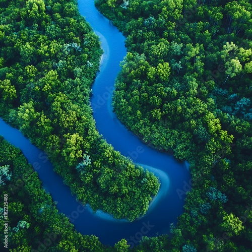 Aerial Drone View of Serene Curved Blue River Surrounded by Lush Green Forest