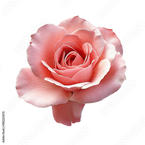 Delicate Pink Rose: A single, fully bloomed pink rose with delicate petals, showcasing its exquisite beauty and natural elegance. The rose is isolated against a white background.