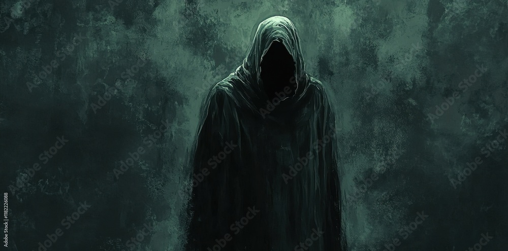 Dark Hooded Figure Stands Against a Textured Wall Dark Hooded Figure Stands Against a Textured Wall