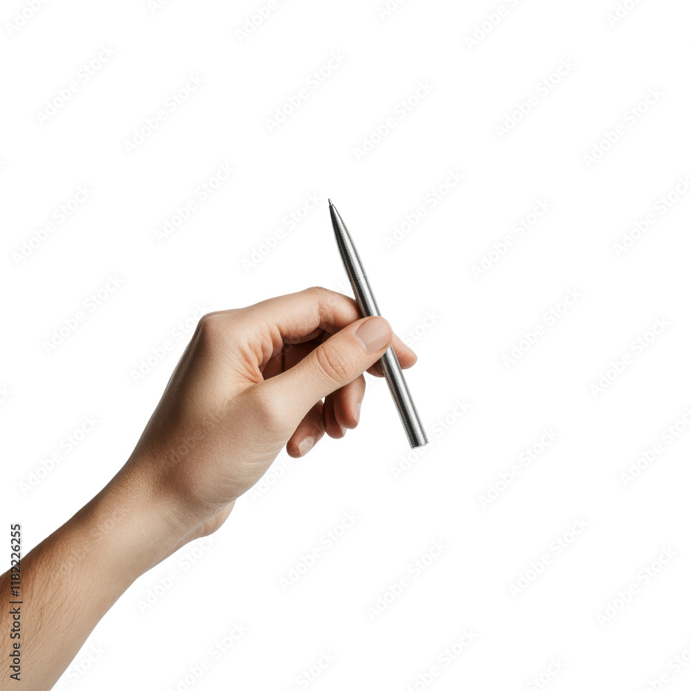 Hand Holding a Metal Pen: Minimalist image of a hand holding a sleek silver pen, isolated against a white background. The pen's sharp point and smooth. Hand Holding a Metal Pen: Minimalist image of a hand holding a sleek silver pen, isolated against a white background. The pen's sharp point and smooth.