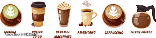 Coffee latte, matcha, filter coffee, cappuccino, hot drink in cup. Drink vector illustration design.