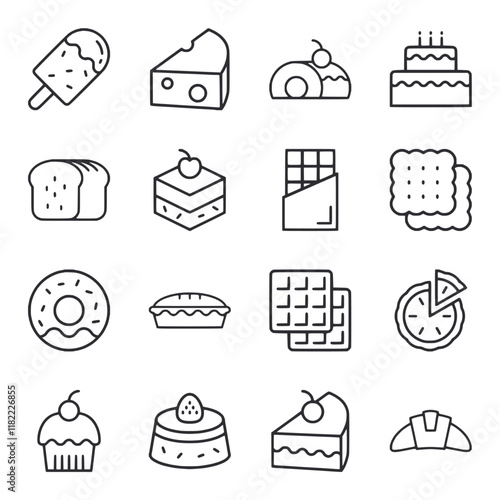A collection of food items including donuts, cakes, pies, and pastries