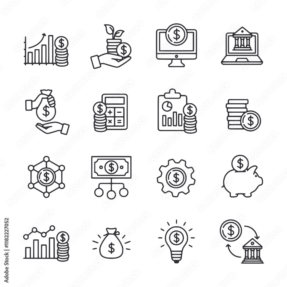 A set of money related icons including a dollar sign, a stack of coins