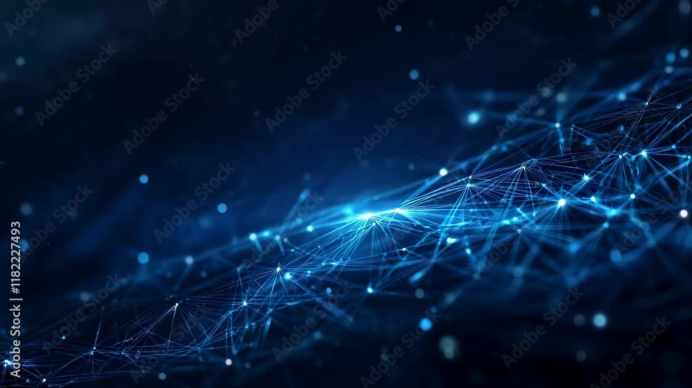 Abstract AI Wavy digital technology lines with bright lights and dark void background landscape