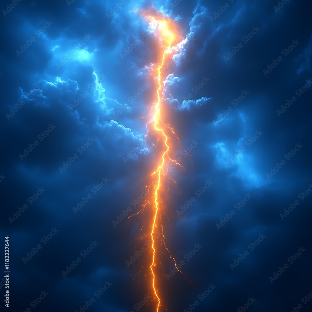 Fototapeta premium Fiery Lightning Strike Through Dramatic Night Clouds: A Powerful Atmospheric Image