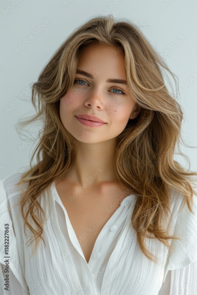 A woman with flowing hair has a calm expression, softly illuminated, with gentle shadows enhancing her features A woman with flowing hair has a calm expression, softly illuminated, with gentle shadows enhancing her features