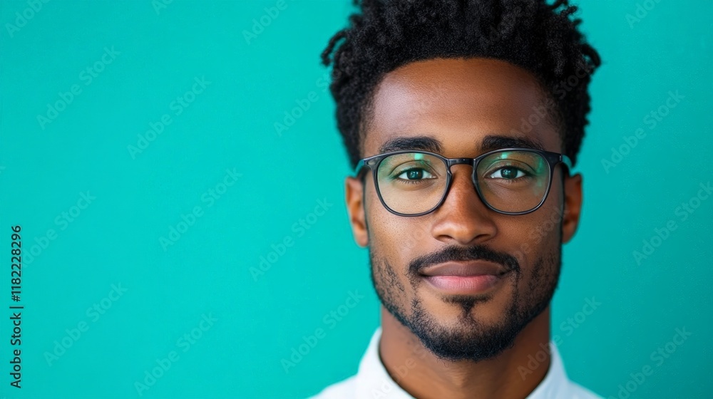 Fototapeta premium Pensive Young Man in Glasses Against Vibrant Turquoise Background