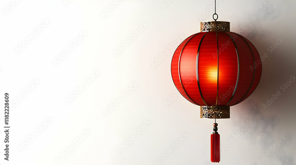 Fototapeta premium Glowing red Chinese lantern hanging against a white wall.