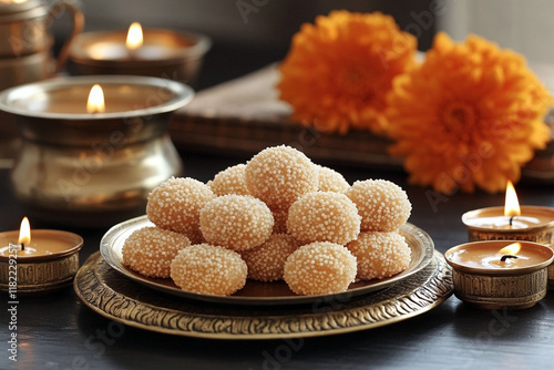 Traditional sweets like tilgul ladoos and chikkis arranged. Harvest and sharing of sweets.  Makar Sankranti photo