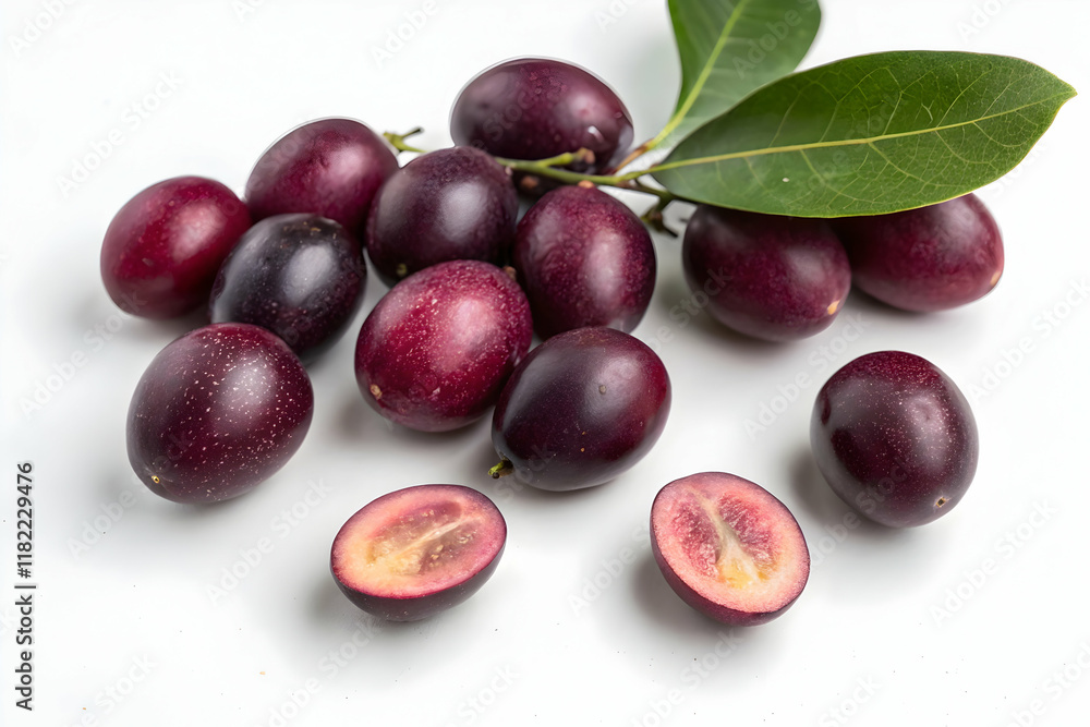 Obraz premium Ripe Java Plum (Jamun) with Leaves and Cross-Section on White Background