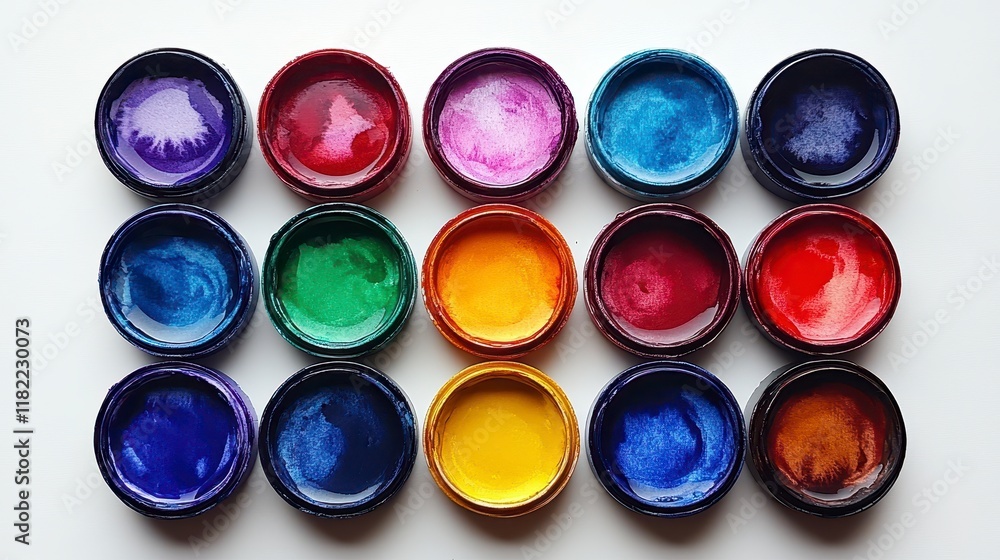 Colorful paint pots arranged in grid on white background. Colorful paint pots arranged in grid on white background.