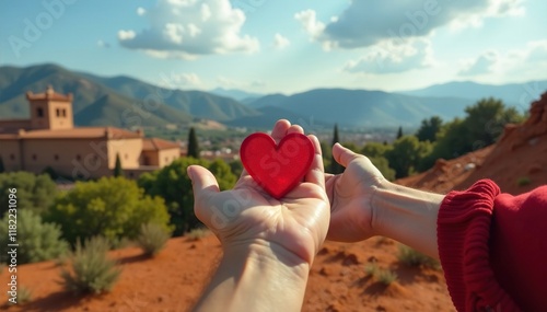 Granada roja en la mano de una mujer con un fondo de paisaje, paisaje, mordida photo