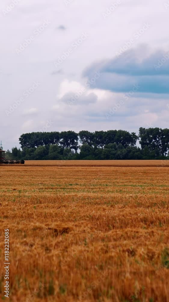 Harvester working on golden field. Agriculture machine harvesting ripe crop in farmland. Combine harvester collecting dry wheat. Side view. Vertical video Harvester working on golden field. Agriculture machine harvesting ripe crop in farmland. Combine harvester collecting dry wheat. Side view. Vertical video