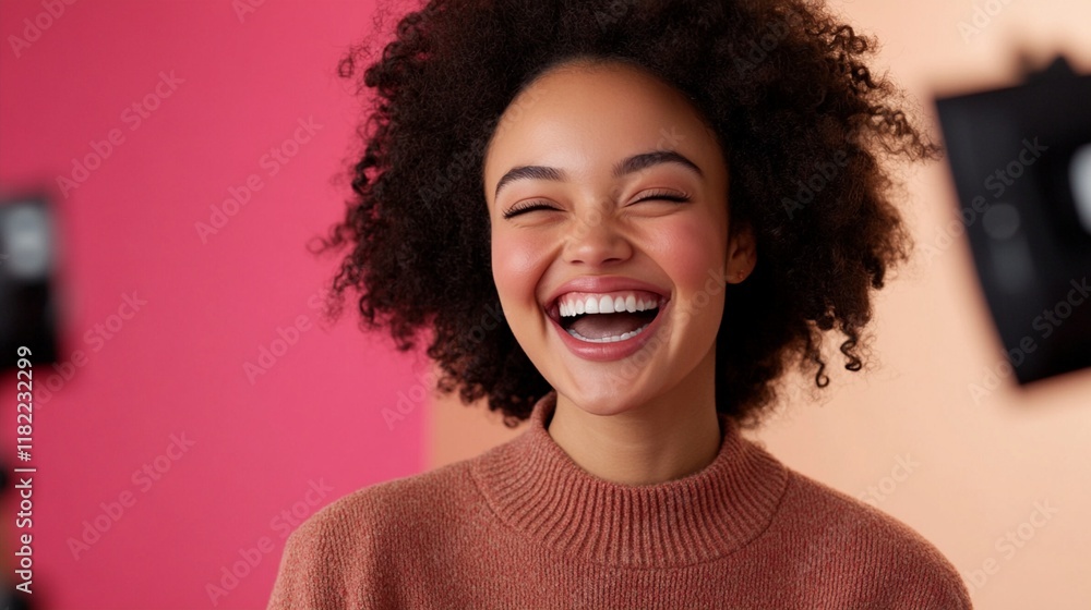 Joyful expression and genuine laughter captured in studio portrait against pink background, showcasing natural curly afro hair and warm brown knitted sweater in candid moment. Joyful expression and genuine laughter captured in studio portrait against pink background, showcasing natural curly afro hair and warm brown knitted sweater in candid moment.
