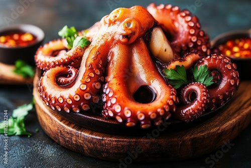 Delicious grilled octopus garnished with fresh parsley on wooden plate. photo