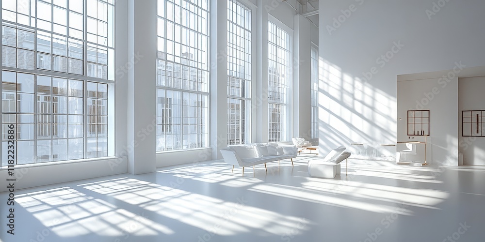 A clean, minimalist white studio room with sunlight and shadow patterns, ideal for creative designs. A clean, minimalist white studio room with sunlight and shadow patterns, ideal for creative designs.