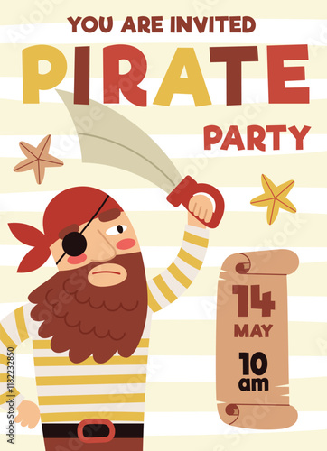 Pirate party invitation, birthday.A card for a children's party.Pirate ship, skull, crab, treasure chest. Cartoon Flat illustrations