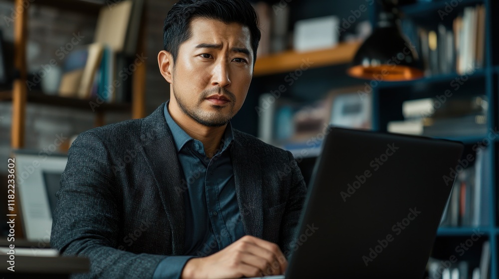 Focused asian businessman working on laptop in modern office professional environment serious viewpoint productivity concept Focused asian businessman working on laptop in modern office professional environment serious viewpoint productivity concept