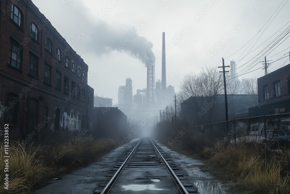 Fototapeta premium Thick gray smoke rises from industrial towers along abandoned railway tracks