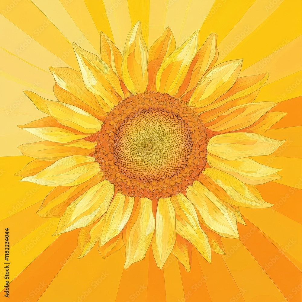 Fototapeta premium Vibrant Sunflower Blossom Against Sunburst Background