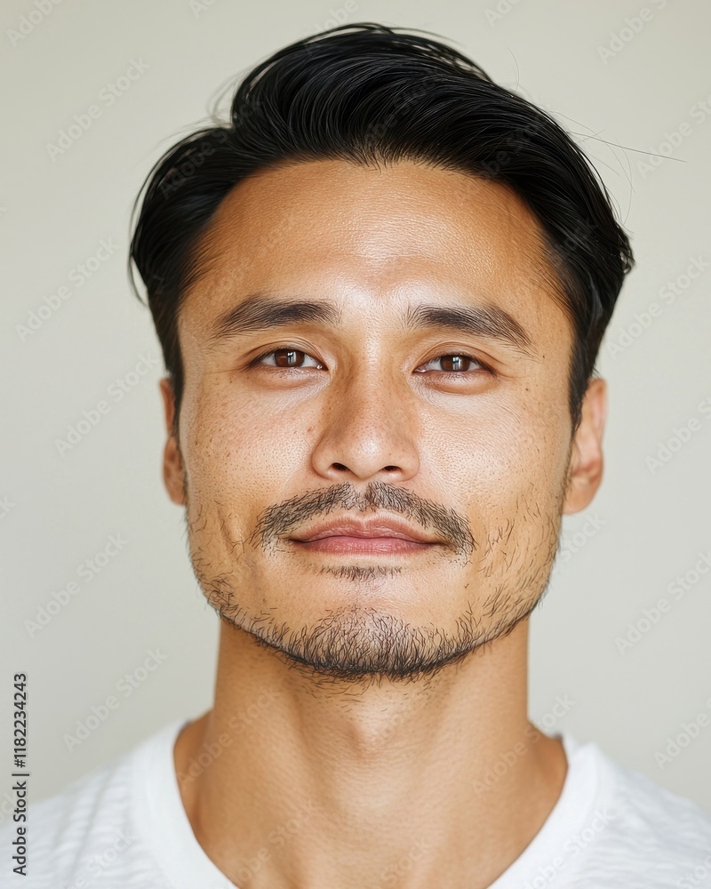 Calm portrait of an asian man with clear skin indoor studio setting professional natural light close-up view Calm portrait of an asian man with clear skin indoor studio setting professional natural light close-up view