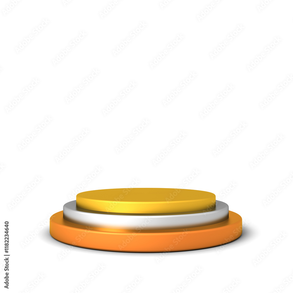 Blank gold silver and bronze product display mock up podium or pedestal stage isolated on white background with shadow minimal conceptual 3D rendering Blank gold silver and bronze product display mock up podium or pedestal stage isolated on white background with shadow minimal conceptual 3D rendering