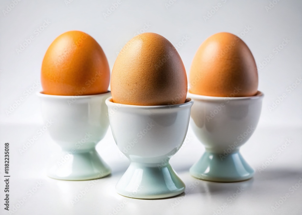 Three Eggs in Egg Cups in a Row - Fresh Breakfast Food Photo Three Eggs in Egg Cups in a Row - Fresh Breakfast Food Photo