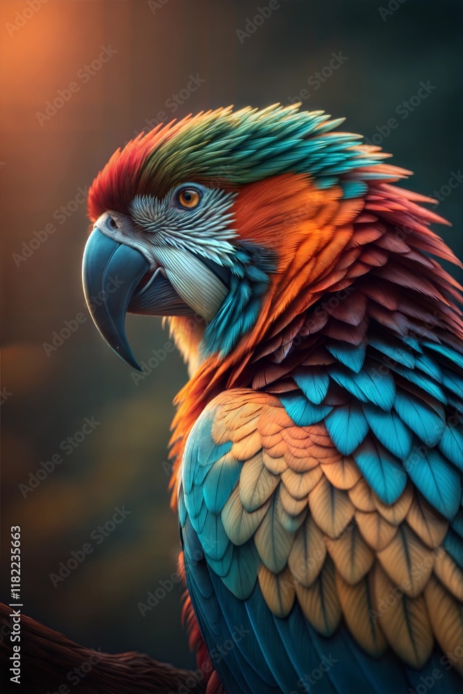 Obraz premium Colorful macaw perched in soft sunlight, showcasing vibrant feathers in a lush environment