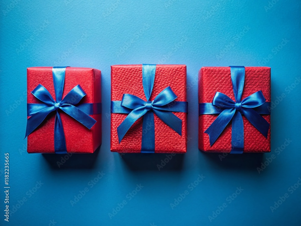 Fototapeta premium Three Red & Blue Gift Boxes on Blue Background - Festive Holiday Presents