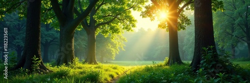 Serene forest with tall trees, soft sunlight filtering through leaves, serene, sky, nature