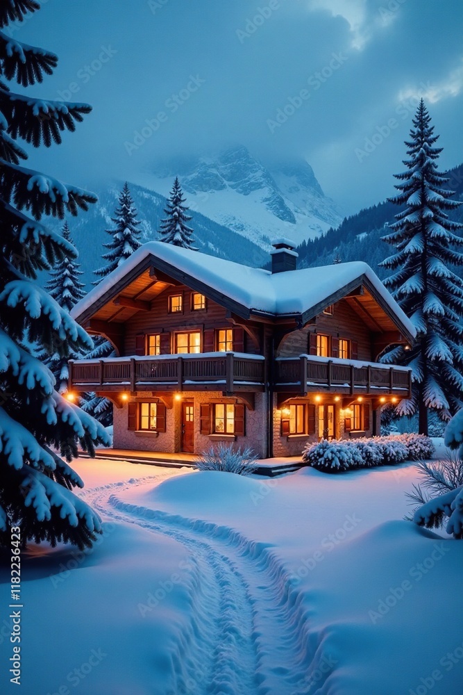 Snow-covered chalet with twinkling lights and warm glow, chalet, snow Snow-covered chalet with twinkling lights and warm glow, chalet, snow