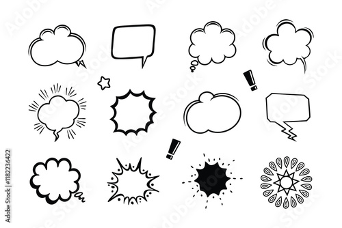 Comic Style Burst and Cloud line art silhouette, Set of Burst and Explosions Vector Icons.