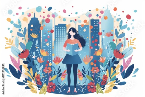 Wallpaper Mural Woman reading in vibrant city garden Torontodigital.ca