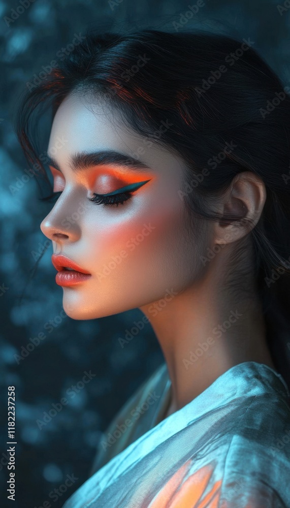 Naklejka premium Portrait of a woman with dramatic orange and teal makeup, styled in a sheer garment against a dark background.
