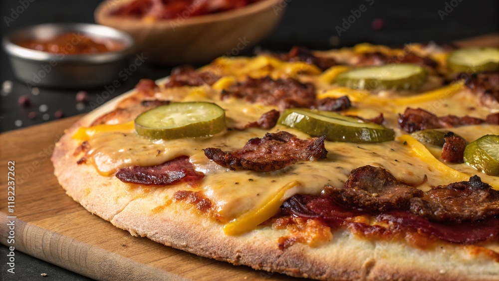 Enjoying the delicious toppings of a freshly made bacon cheeseburger pizza on a wooden board Enjoying the delicious toppings of a freshly made bacon cheeseburger pizza on a wooden board