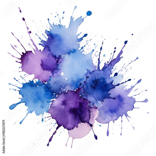 Abstract splashes of blue and purple watercolor paint isolated on a white or transparent background