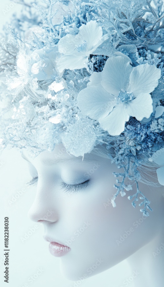 Serene portrait of a woman adorned with icy blue flowers, evoking winter's tranquil beauty. Serene portrait of a woman adorned with icy blue flowers, evoking winter's tranquil beauty.