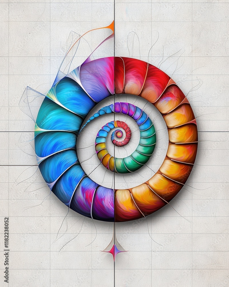 Obraz premium The visualization of the Fibonacci spiral overlaid on a natural nautilus shell,