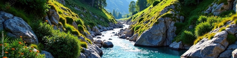 Fototapeta premium Stream flowing through a narrow mountain gorge with steep cliffs, nature, alpine environment