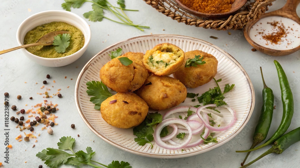 Satisfying overhead view of batata vada served on a plate with fresh herbs and spices Satisfying overhead view of batata vada served on a plate with fresh herbs and spices