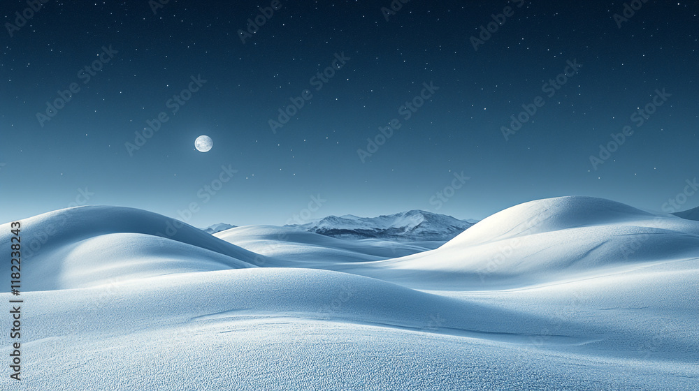 Fototapeta premium Serene winter landscape under a starry night sky with a bright moon illuminating the snow