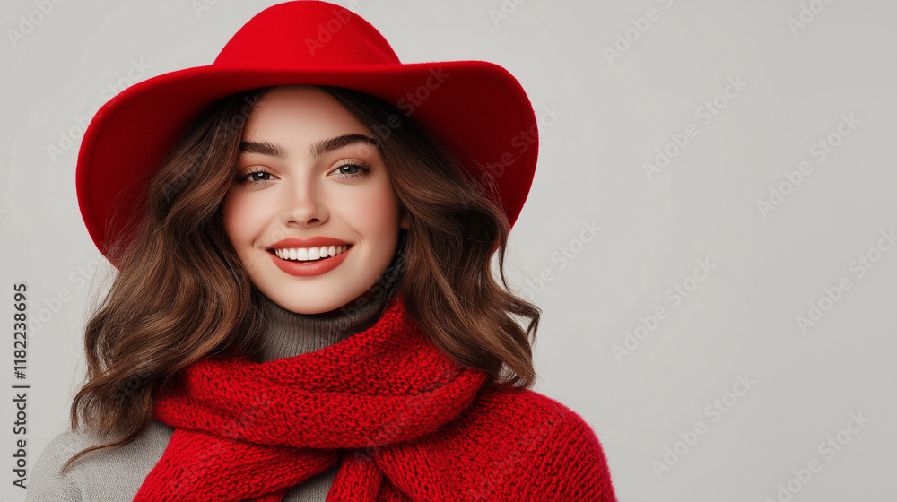 Smiling woman wearing stylish red hat and knit sweater, modern winter fashion concept, warm tones and cheerful vibe, close-up portrait Smiling woman wearing stylish red hat and knit sweater, modern winter fashion concept, warm tones and cheerful vibe, close-up portrait