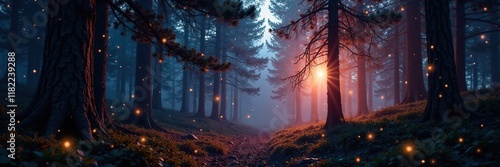 Twinkling trees shine like diamonds in the forest darkness, forest floor, branches, twinkle photo