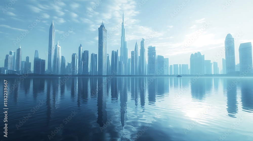Calm city skyline reflected in tranquil water at sunrise. Calm city skyline reflected in tranquil water at sunrise.