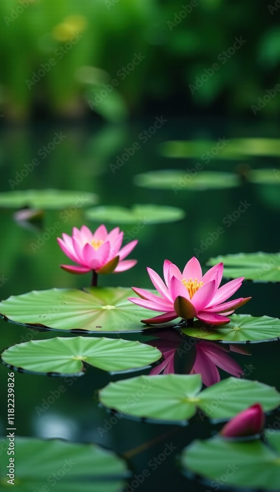 Water lily pads with pink lotus flowers and greenery in serene lake environment, peaceful, serene, aquatic Water lily pads with pink lotus flowers and greenery in serene lake environment, peaceful, serene, aquatic