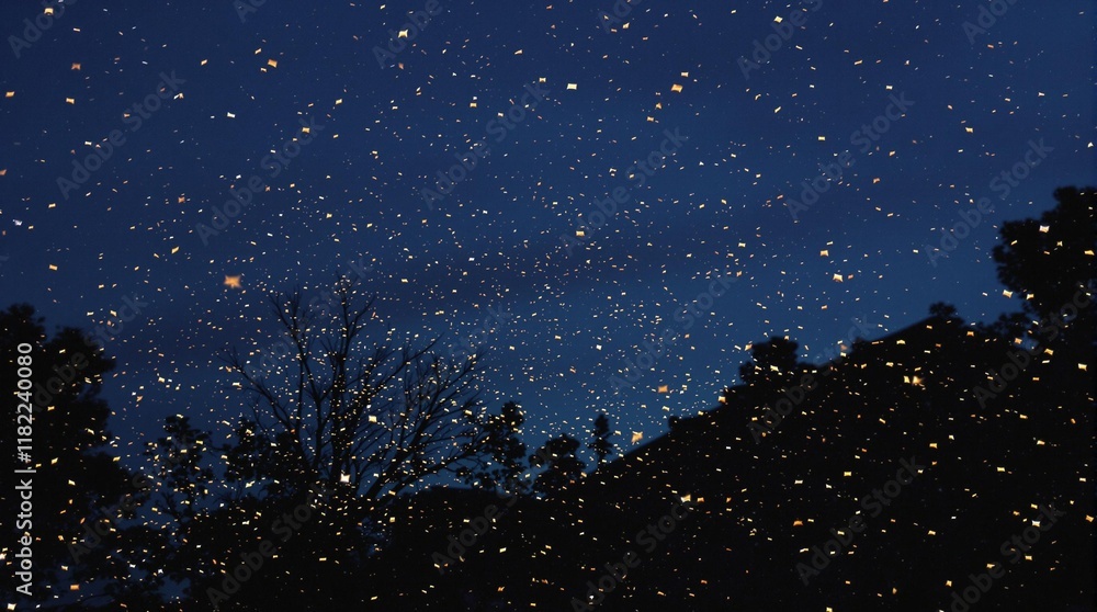 Naklejka premium A breathtaking starry night sky with beautifully silhouetted trees creating an enchanting view