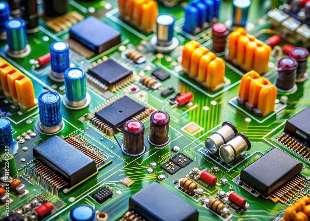 Top-Down View of Electronic Components on White Background - Night Photography Top-Down View of Electronic Components on White Background - Night Photography