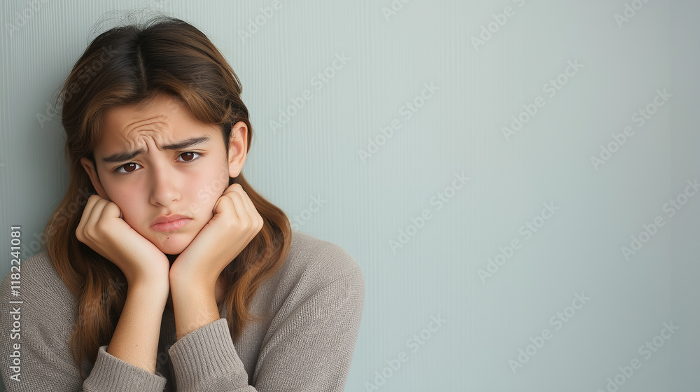 Sad woman holding her face in hands, emotional expression of worry and stress, mental health awareness concept with soft blue background Sad woman holding her face in hands, emotional expression of worry and stress, mental health awareness concept with soft blue background
