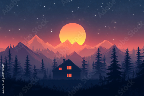 Artistic style cabin in the woods and the sun setting in the distance