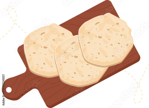 Pita. Freshly baked pita bread on a wooden stand. Food design. Vector illustration